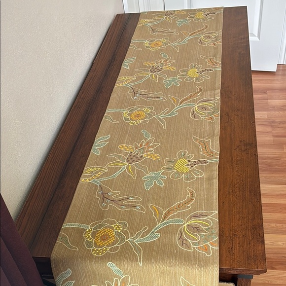 CRATE & BARREL Taupe Lillian Runner 14x60 Embroidered Cross Stitch Nature Autumn - Picture 1 of 7